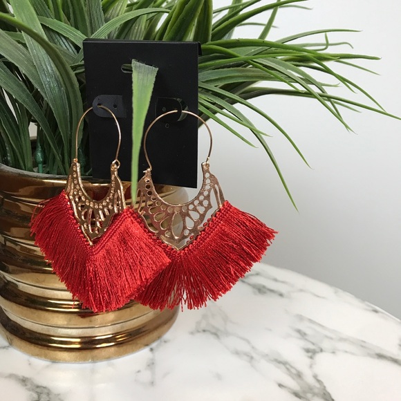 ‼️ Brick Red Thread Fan Earrings Boho Chic Gold - Picture 5 of 8